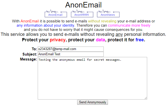 AnonEmail k odeslání anonymního e-mailu