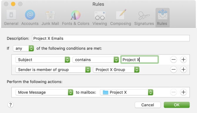 Přesunout e-maily projektu Pravidlo Mac Mail