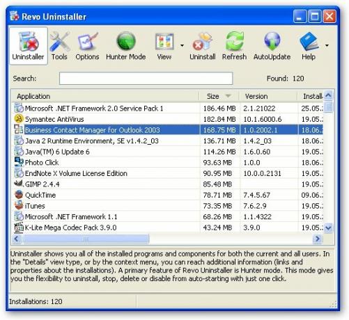 Hlavní obrazovka aplikace Revo Uninstaller Hlavní obrazovka aplikace Revo Uninstaller