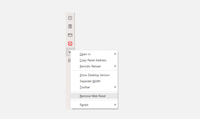 Snímek obrazovky ukazující, jak odstranit webové panely ve vivaldi