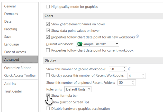 Skrýt panel vzorců pomocí možností aplikace Excel