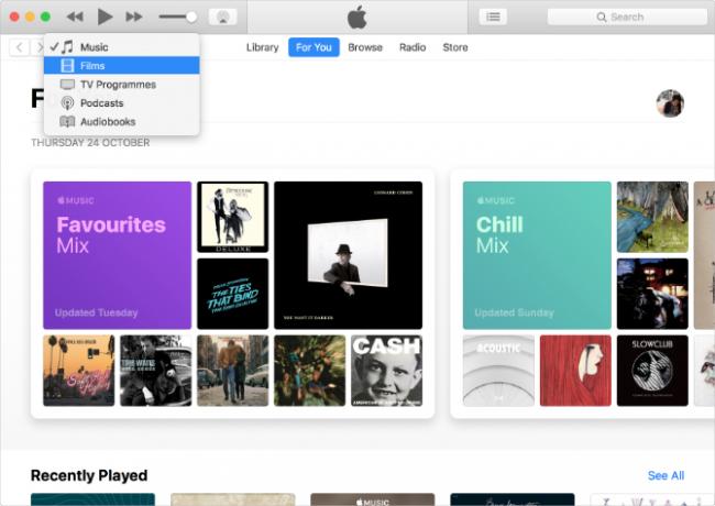 iTunes zobrazující hudbu, televizi a podcasty s Apple Music