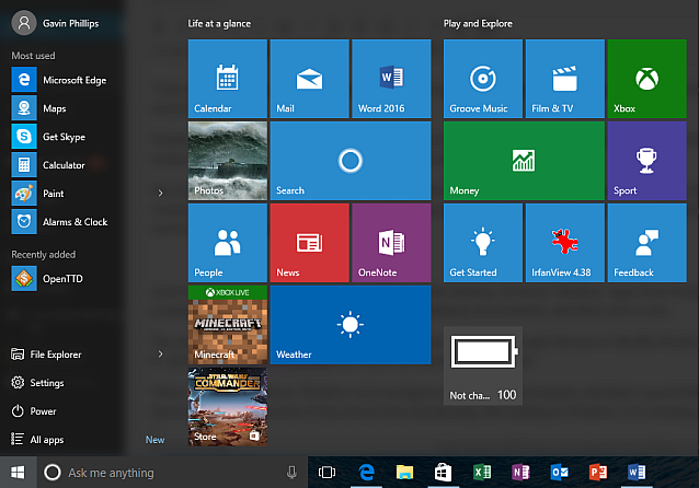 Nabídka Start systému Windows 10