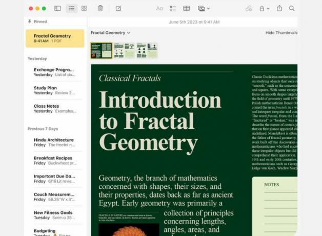 Apple Notes na Macu s postranním panelem a PDF na displeji