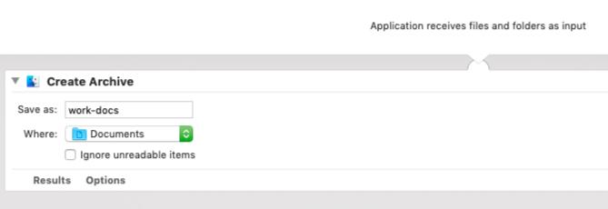 Automator aplikace pro vytvoření archivu z vybraných souborů na Mac