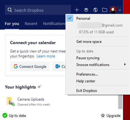 Menu Dropbox Windows