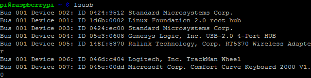 Použijte lsusb k získání informací o USB zařízeních připojených k Raspberry Pi