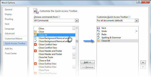Word 2013 Zavřít všechny příkazy