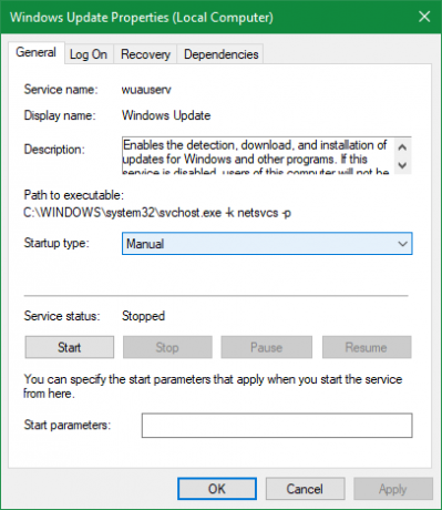 Vlastnosti služby Windows Update Service