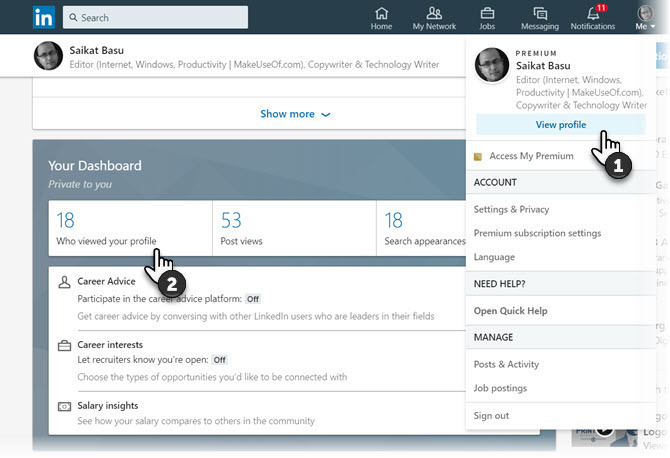 Na domovské stránce LinkedIn klikněte na Zobrazit profil
