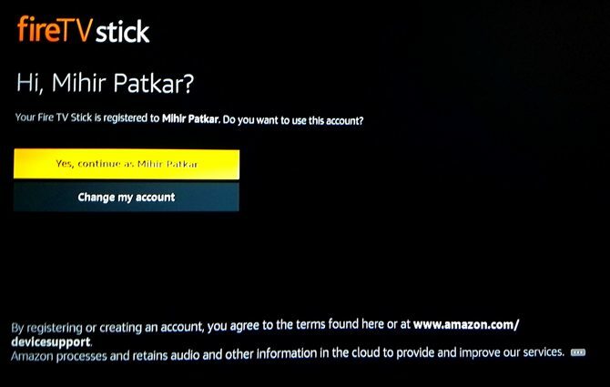 Nastavení Amazon Fire TV Stick: účet Amazon rozpoznán