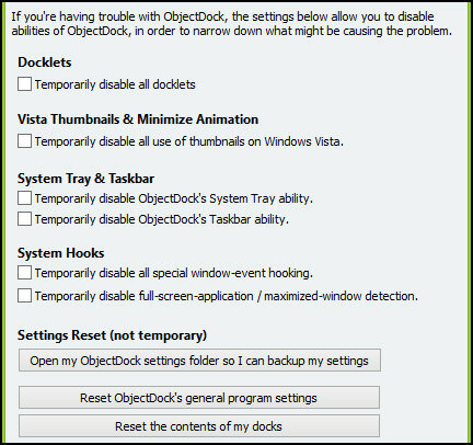 ObjectDock: Rychle přizpůsobte plochu a zvyšte její funkčnost [Windows] ObjectDock Nastavení možností řešení problémů