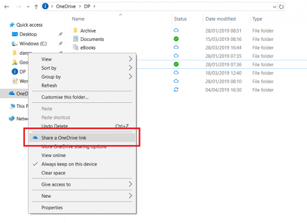 onedrive menu sdílení