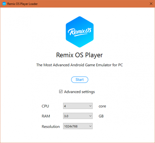 Konfigurace prvního spuštění programu Remix OS Player