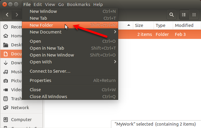 Přejděte do složky Soubor> Nová složka v Nautilus v Ubuntu