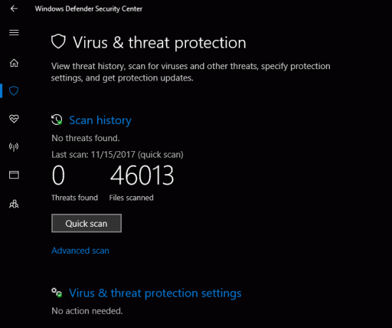 Ochrana před viry a hrozbami v centru Windows Defender