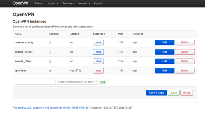 Nabídka OpenWRT LuCI Dashboard OpenVPN