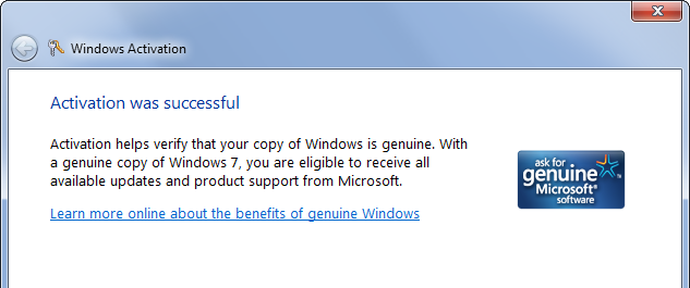 aktivace systému Windows-7-úspěšná