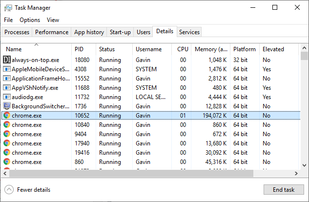 podrobnosti správce úloh systému Windows