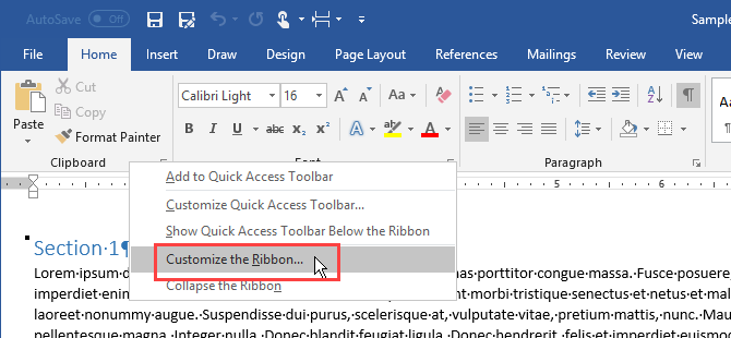 Klepněte pravým tlačítkem myši na pás karet v aplikaci Microsoft Word a vyberte příkaz Přizpůsobit pás karet