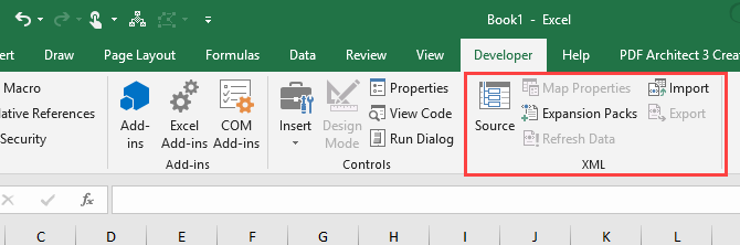 Sekce XML na kartě Vývojář v aplikaci Microsoft Excel