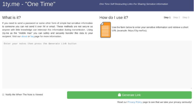 1ty.me je bezpečná aplikace pro zasílání jednorázových poznámek a hesel
