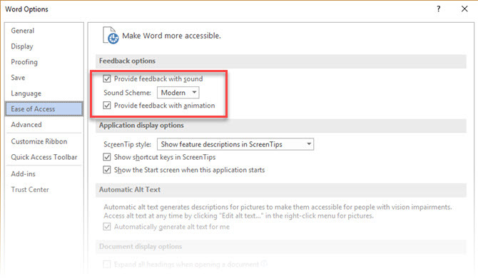 Jak vypnout nepříjemné zvuky v aplikaci Microsoft Office 2016 Snadné přístupové zvukové efekty