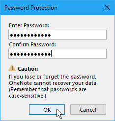 Dialogové okno Ochrana heslem v aplikaci OneNote 2016