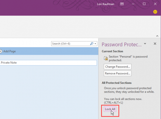 Klikněte na Zamknout vše v aplikaci OneNote 2016