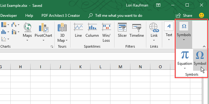 Klepněte na Symboly na kartě Vložit v aplikaci Excel