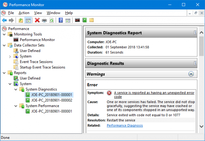 Diagnostické výsledky sledování výkonu systému Windows 10