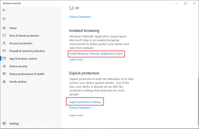 ovládání nastavení aplikace a prohlížeče v programu Windows Defender