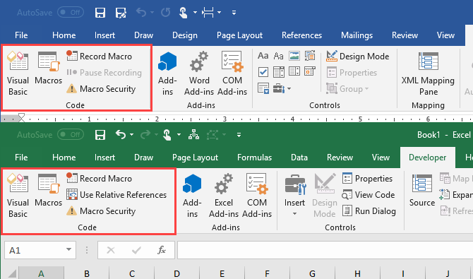 Sekce kódu na kartě Vývojář v aplikacích Microsoft Word a Microsoft Excel