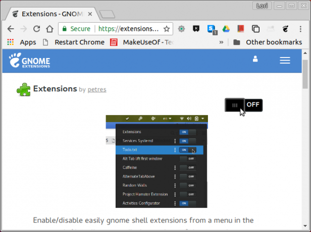 Zapněte rozšíření na webu GNOME Extensions v Chromu