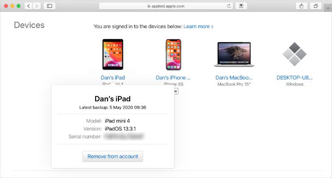 Webové stránky Apple ID se sériovým číslem iPad