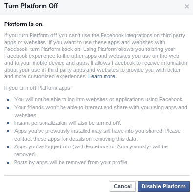 Platforma Facebook-Disable-Platform