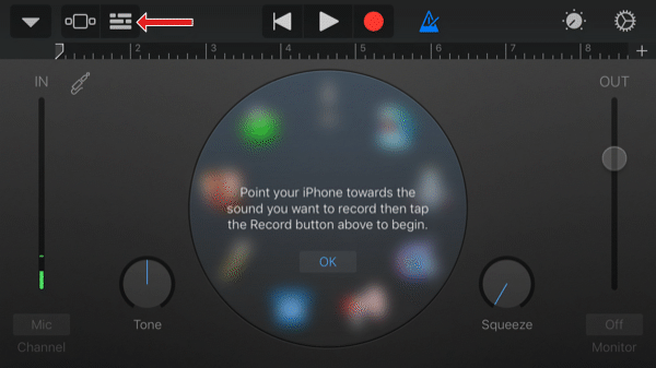Obrazovka audio rekordéru aplikace GarageBand