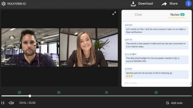 Roundee zaznamenává videokonference a umožňuje vám přidat poznámky s časovým údajem pro zápis z jednání