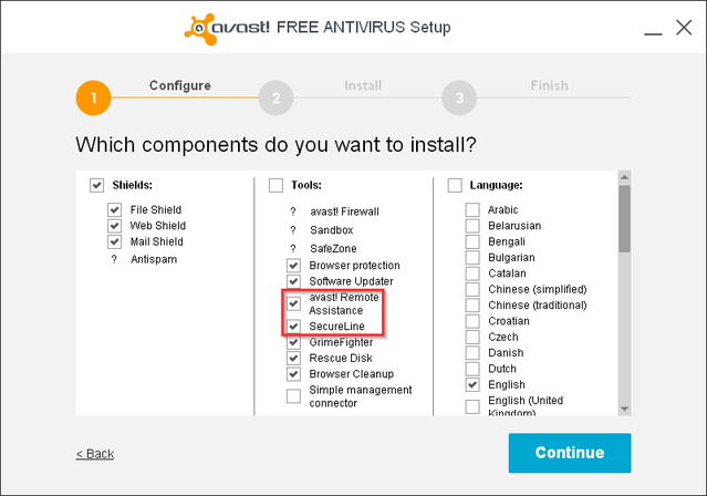 Avast - Instalace - vyberte kompenenty k instalaci