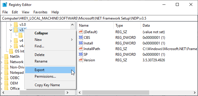 exportní klíč registru systému Windows