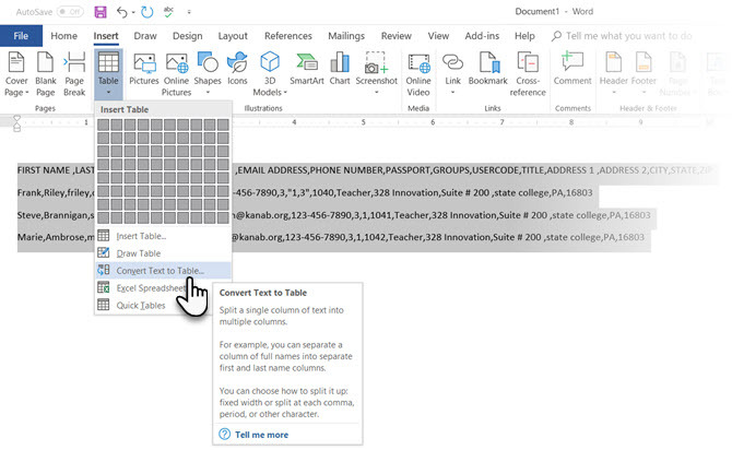 Převod textu do tabulky aplikace Microsoft Word