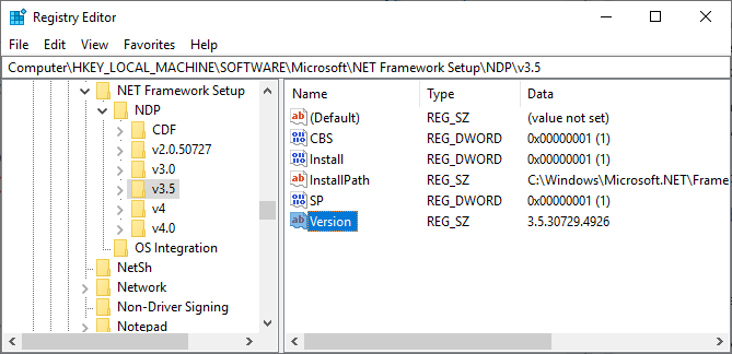 regedit net framework starší verze