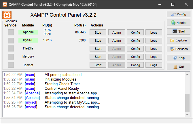 ovládací panel xampp