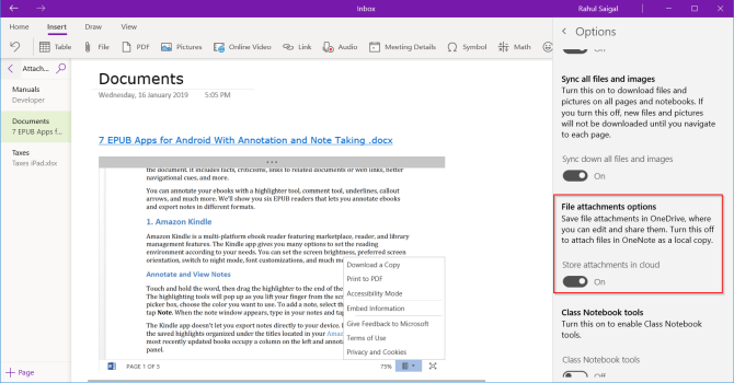 cloudová příloha v OneNote pro Windows 10