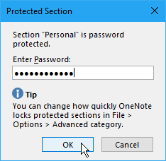 Dialogové okno Chráněná sekce v aplikaci OneNote 2016