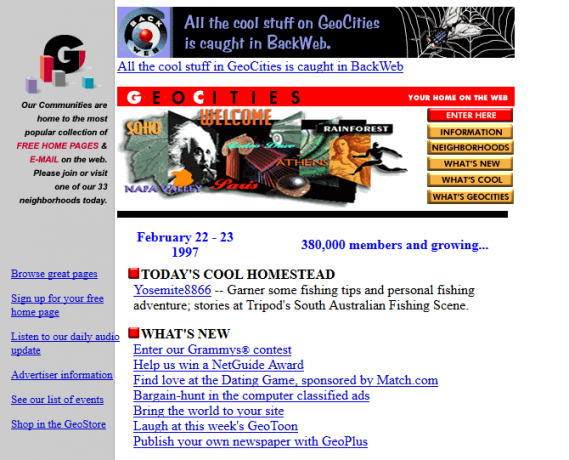 Screenshot webu GeoCities v roce 1997