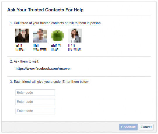 Požádejte důvěryhodné kontakty o pomoc s obnovením účtu Facebook.