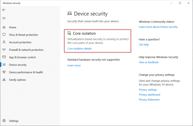 základní funkce izolace v programu Windows Defender