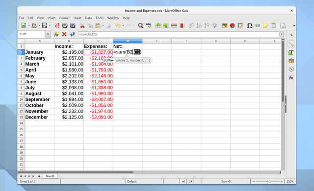 Screenshot aplikace Budge pro systém Linux LibreOffice Calc