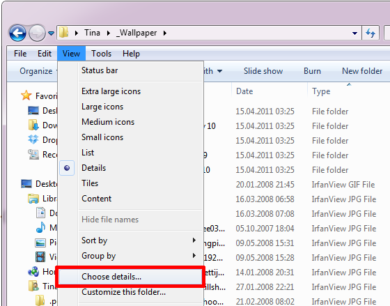 Windows Explorer sloupce